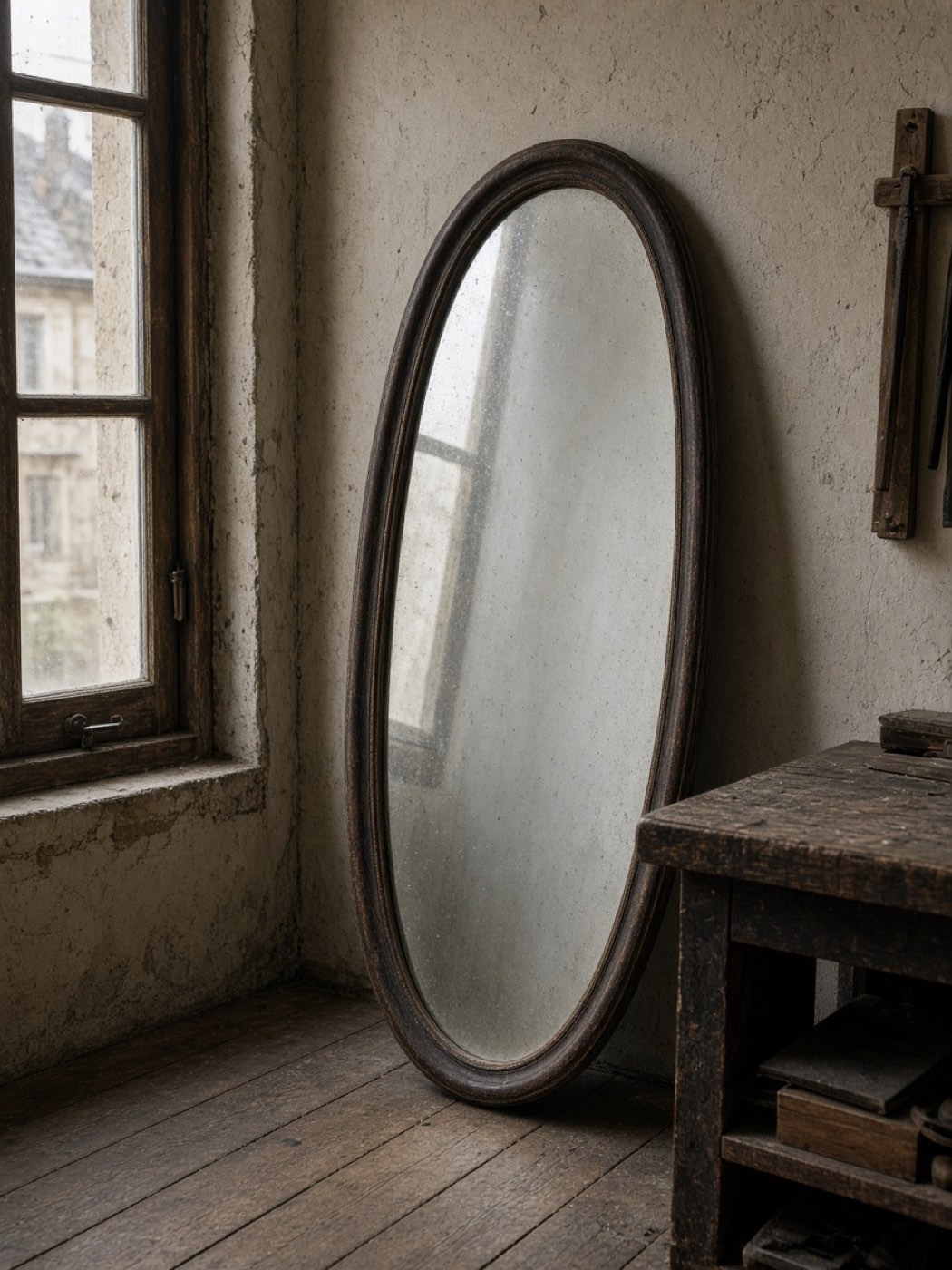 Un miroir ovale contre la fenêtre